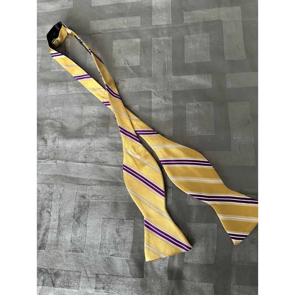 Bruno Piattelli Roma Bow Tie Mens Adjustable Yellow Purple Striped Silk Self Tie